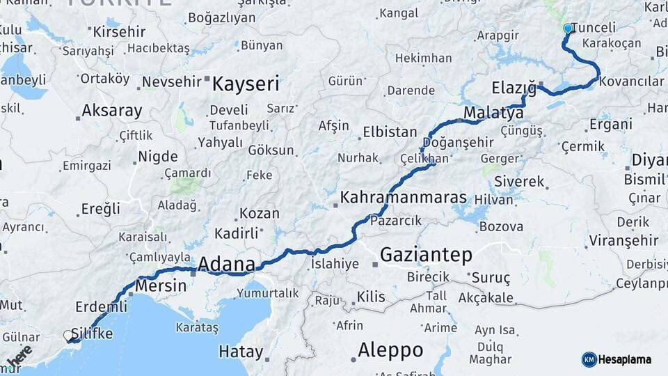 Tunceli Silifke Mersin Arası Kaç Km - Yol Haritası