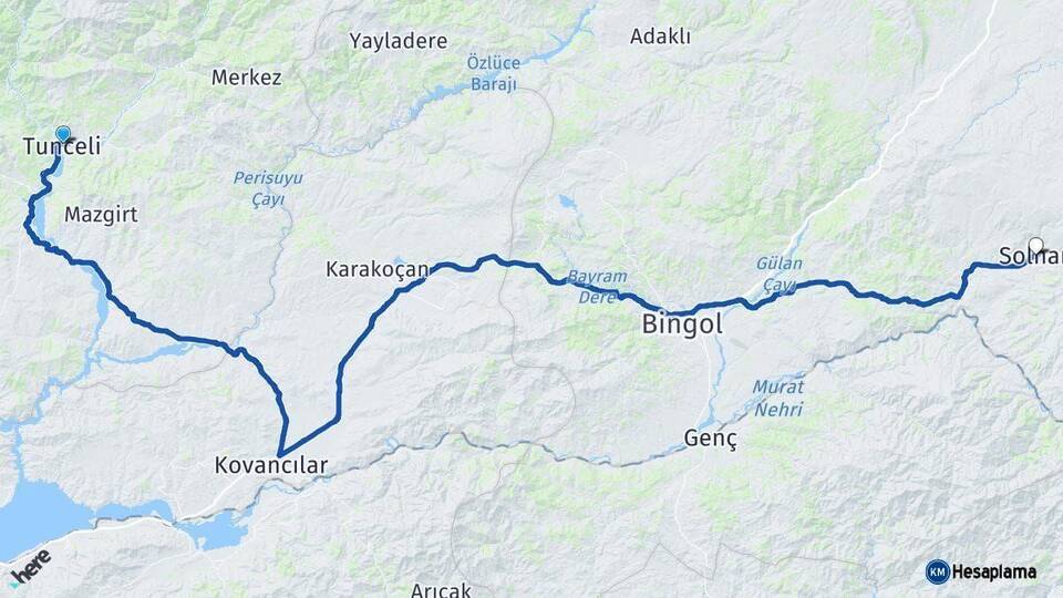 Tunceli Solhan Bingöl Arası Kaç Km - Yol Haritası