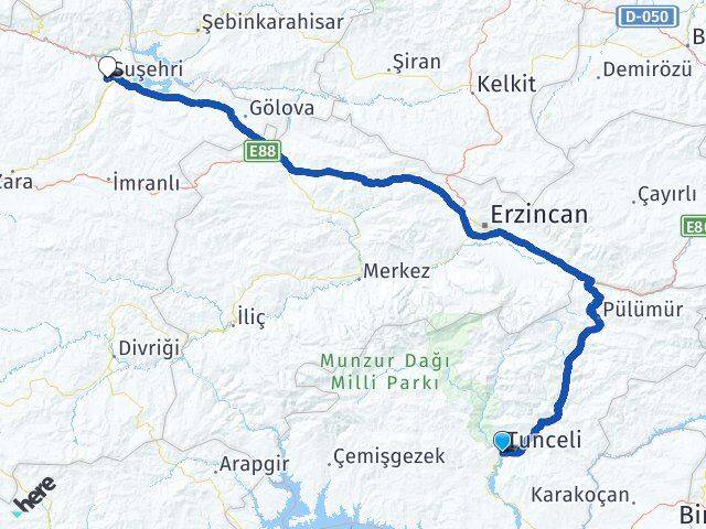Tunceli Suşehri Sivas Arası Kaç Km - Yol Haritası