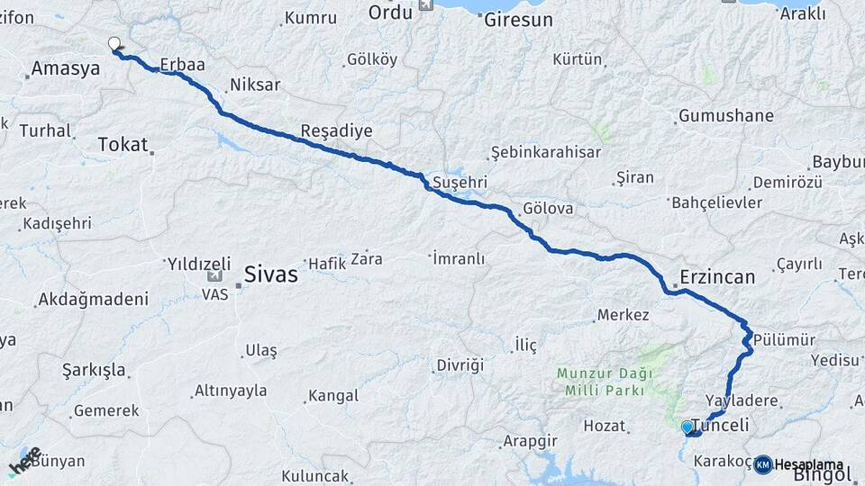 Tunceli Taşova Amasya Arası Kaç Km - Yol Haritası