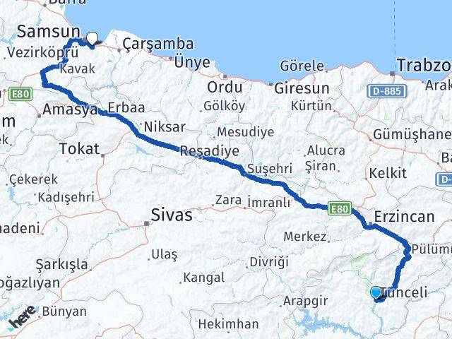 Tunceli Tekkeköy Samsun Arası Kaç Km - Yol Haritası