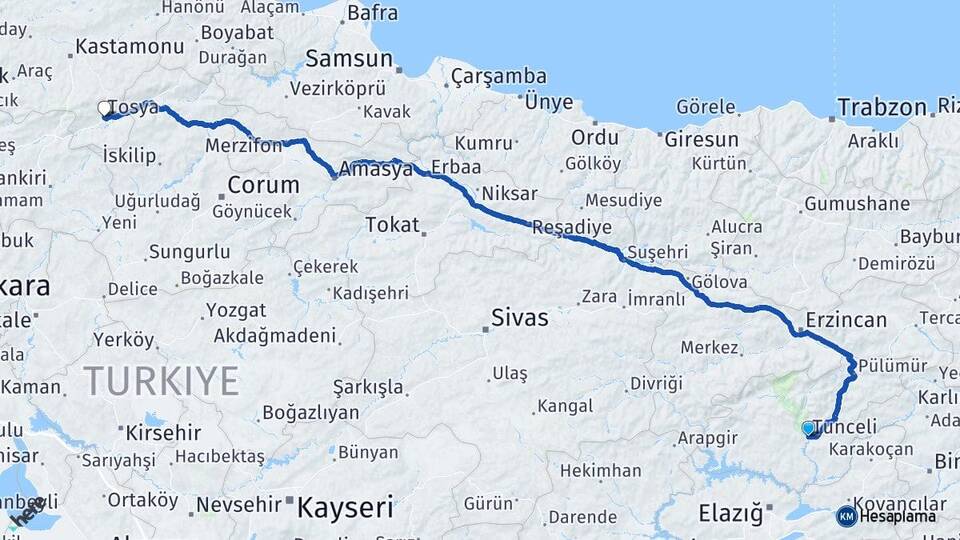 Tunceli Tosya Kastamonu Arası Kaç Km - Yol Haritası