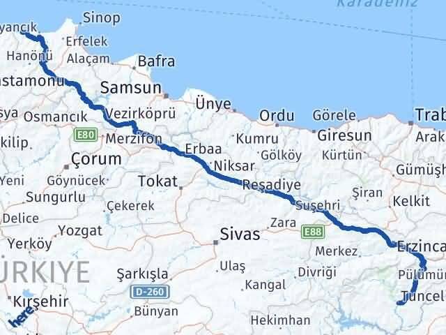 Tunceli Türkeli Sinop Arası Kaç Km - Yol Haritası