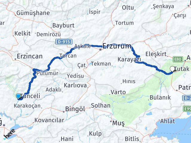 Tunceli Tutak Ağrı Arası Kaç Km - Yol Haritası