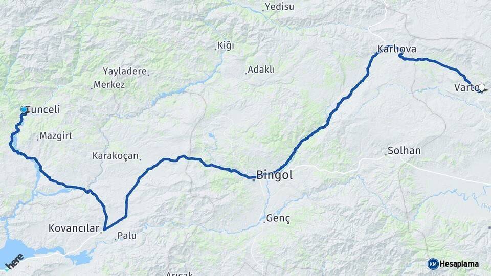 Tunceli Varto Muş Arası Kaç Km - Yol Haritası