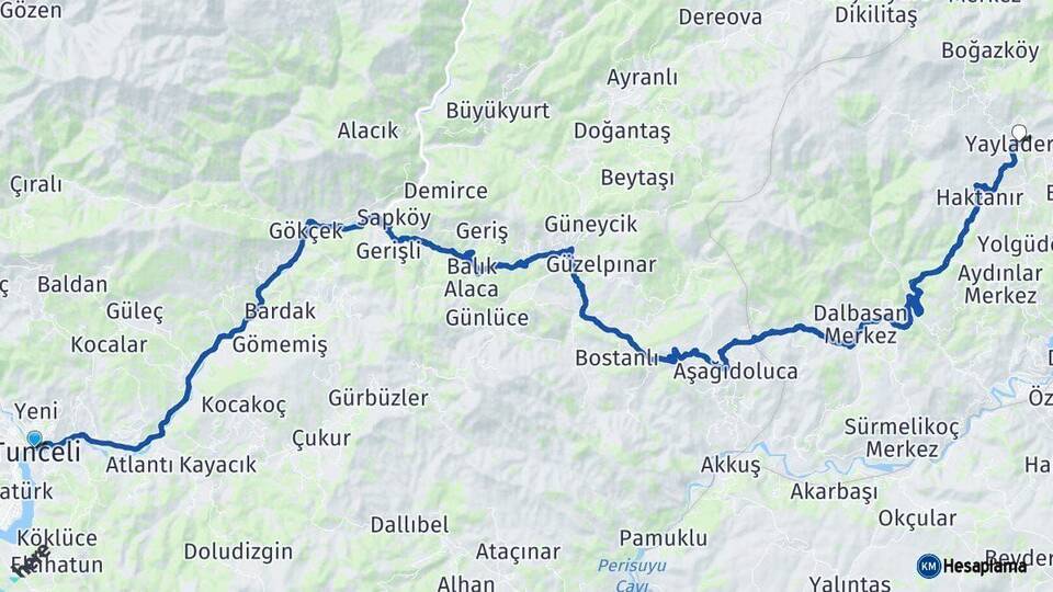 Tunceli Yayladere Bingöl Arası Kaç Km - Yol Haritası