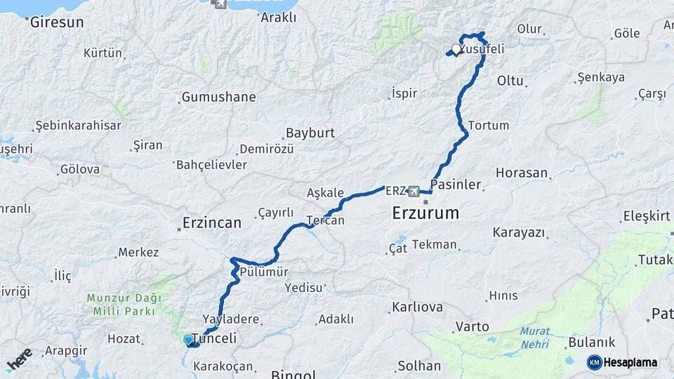 Tunceli Yusufeli Artvin Arası Kaç Km - Yol Haritası