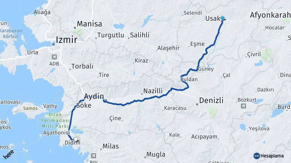 Uşak Akbük Didim Aydın Arası Kaç Km - Yol Haritası
