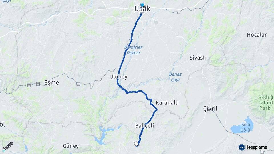 Uşak Akkent Çal Denizli Arası Kaç Km - Yol Haritası