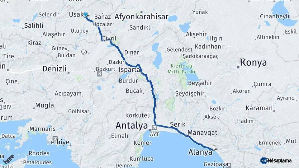 Uşak Alanya Antalya Arası Kaç Km - Yol Haritası