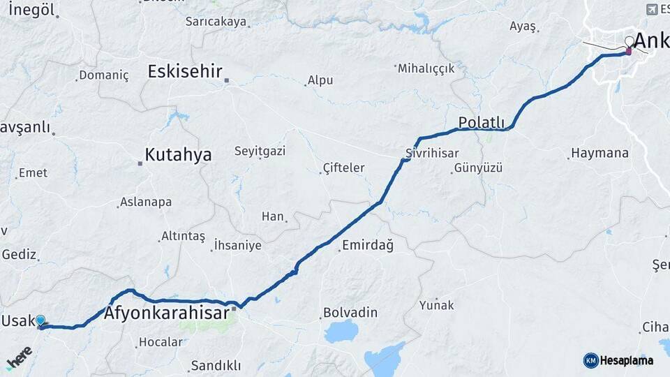 Uşak Altındağ Ankara Arası Kaç Km - Yol Haritası