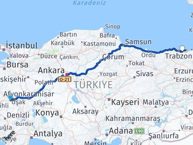 Uşak Arsin Trabzon Arası Kaç Km - Yol Haritası