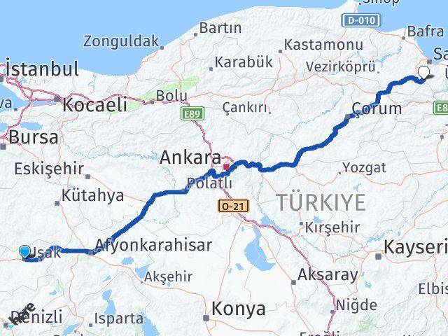 Uşak Asarcık Samsun Arası Kaç Km - Yol Haritası