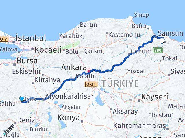 Uşak Ayvacık Samsun Arası Kaç Km - Yol Haritası