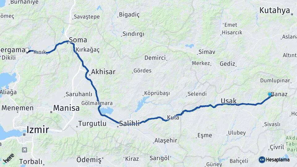 Uşak Banaz Bergama İzmir Arası Kaç Km - Yol Haritası