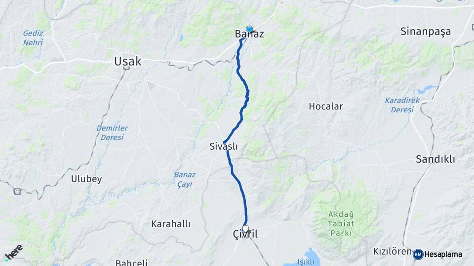 Uşak Banaz Çivril Denizli Arası Kaç Km - Yol Haritası