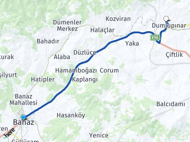 Uşak Banaz Dumlupınar Kütahya Arası Kaç Km - Yol Haritası