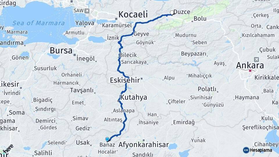 Uşak Banaz Düzce Arası Kaç Km - Yol Haritası