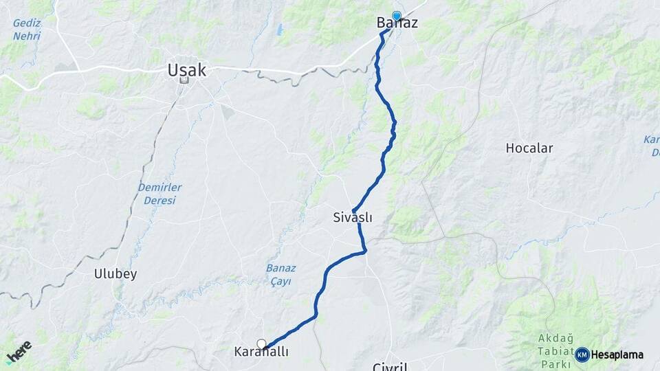 Uşak Banaz Karahallı Arası Kaç Km - Yol Haritası
