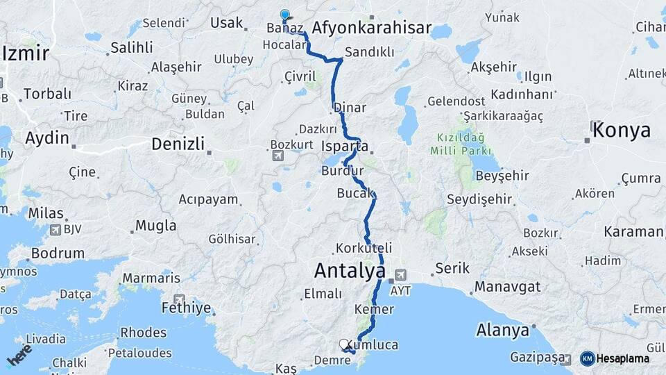 Uşak Banaz Kumluca Antalya Arası Kaç Km - Yol Haritası