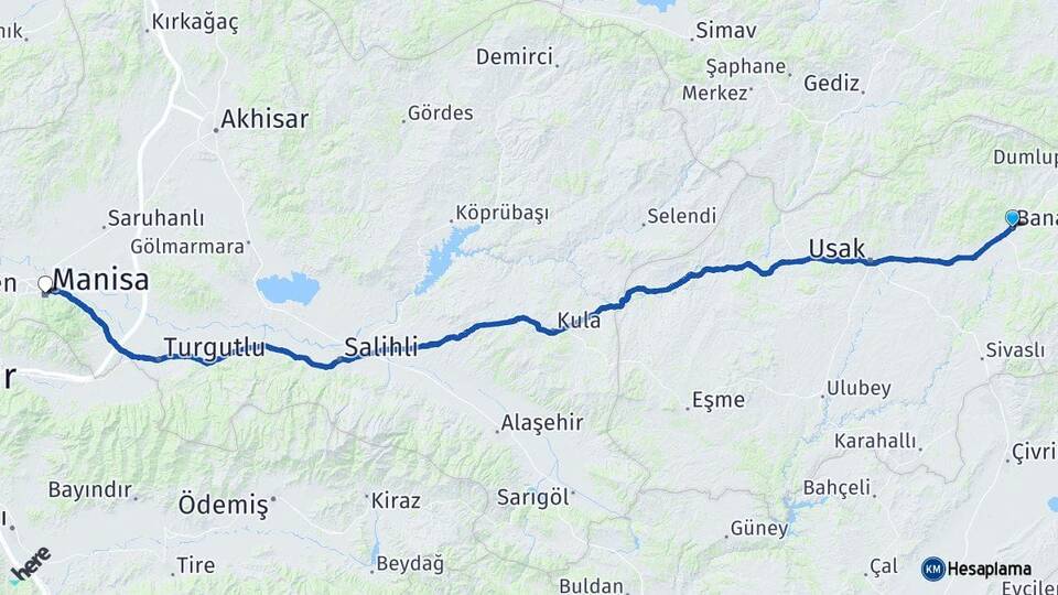 Uşak Banaz Manisa Arası Kaç Km - Yol Haritası