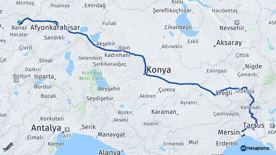 Uşak Banaz Mersin Arası Kaç Km - Yol Haritası