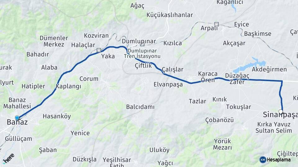 Uşak Banaz Sinanpaşa Afyonkarahisar Arası Kaç Km - Yol Haritası