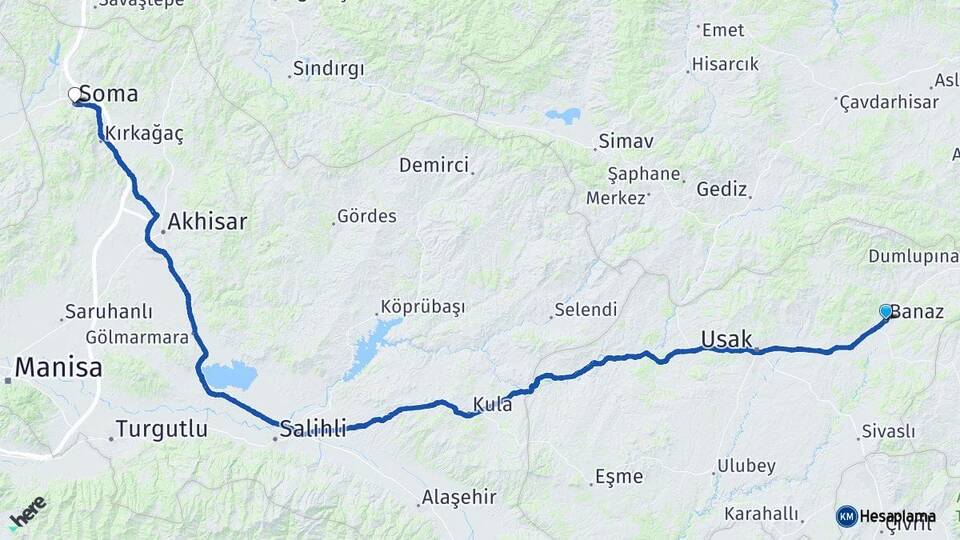 Uşak Banaz Soma Manisa Arası Kaç Km - Yol Haritası