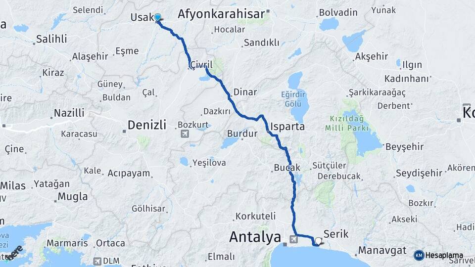 Uşak Belek Serik Antalya Arası Kaç Km - Yol Haritası