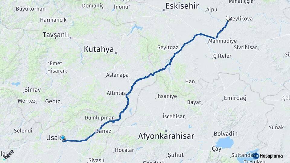Uşak Beylikova Eskişehir Arası Kaç Km - Yol Haritası