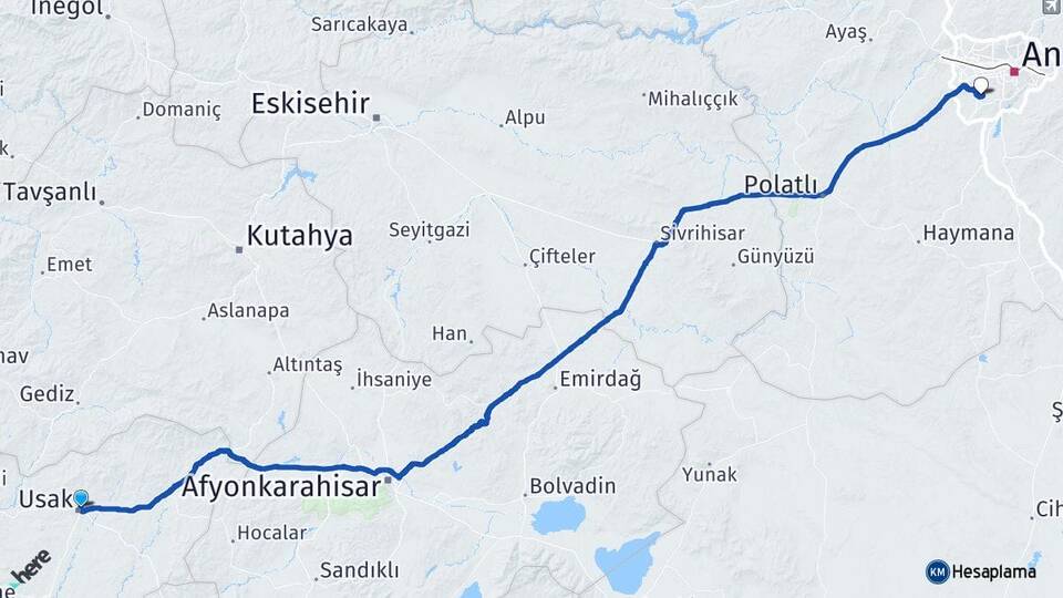 Uşak Beytepe Çankaya Ankara Arası Kaç Km - Yol Haritası