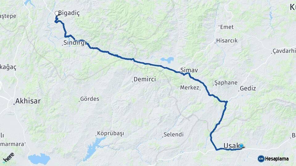 Uşak Bigadiç Balıkesir Arası Kaç Km - Yol Haritası