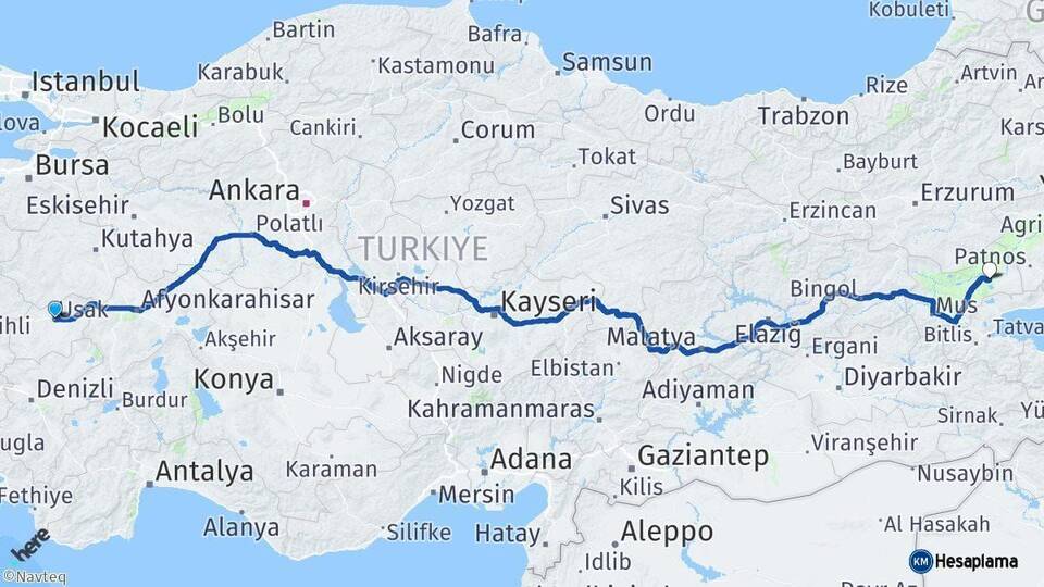 Uşak Bulanık Muş Arası Kaç Km - Yol Haritası
