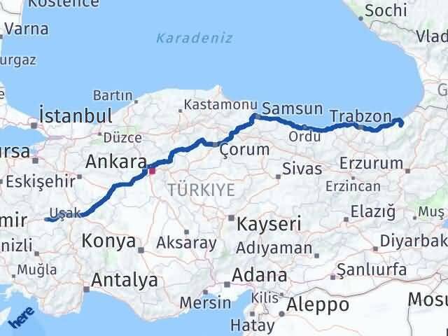 Uşak Çamlıhemşin Rize Arası Kaç Km - Yol Haritası