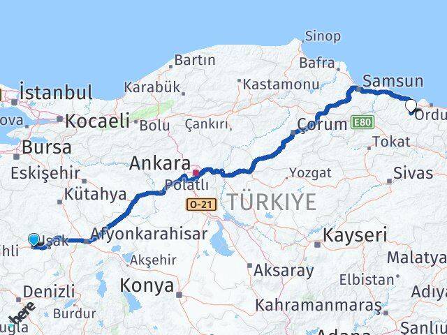 Uşak Çatalpınar Ordu Arası Kaç Km - Yol Haritası