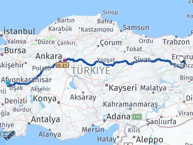 Uşak Çayırlı Erzincan Arası Kaç Km - Yol Haritası