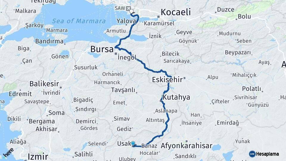 Uşak Çayırova Kocaeli Arası Kaç Km - Yol Haritası