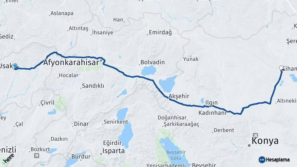 Uşak Cihanbeyli Konya Arası Kaç Km - Yol Haritası