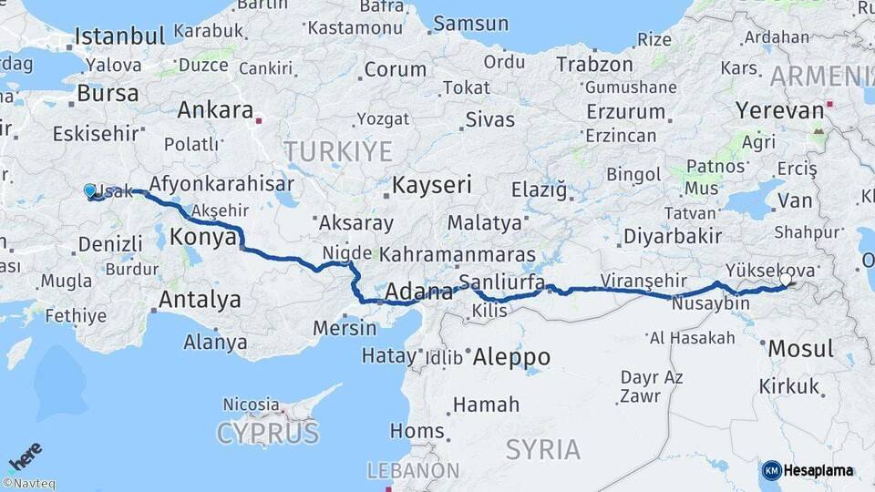 Uşak Çukurca Hakkari Arası Kaç Km - Yol Haritası