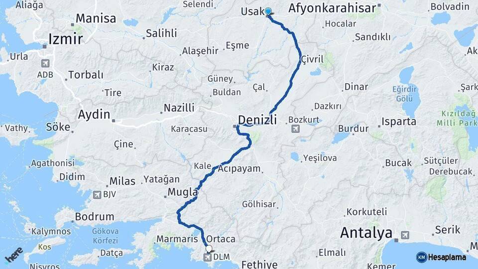 Uşak Dalaman Muğla Arası Kaç Km - Yol Haritası