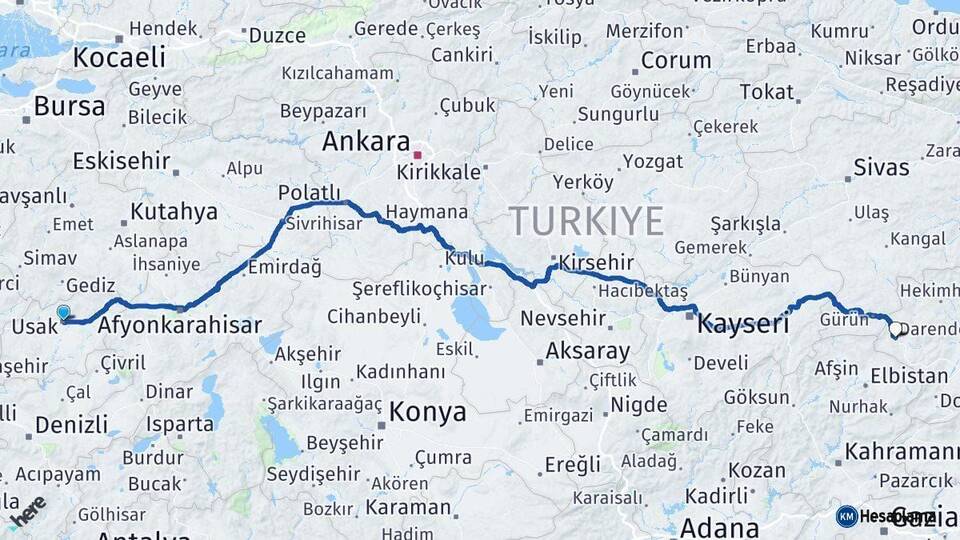 Uşak Darende Malatya Arası Kaç Km - Yol Haritası