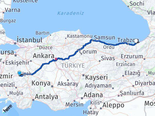 Uşak Derepazarı Rize Arası Kaç Km - Yol Haritası