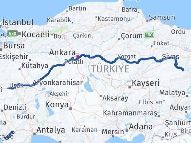 Uşak Divriği Sivas Arası Kaç Km - Yol Haritası