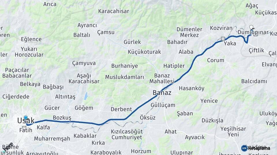 Uşak Dumlupınar Kütahya Arası Kaç Km - Yol Haritası