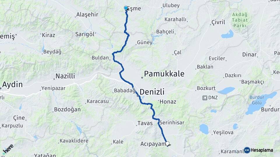 Uşak Eşme Acıpayam Denizli Arası Kaç Km - Yol Haritası