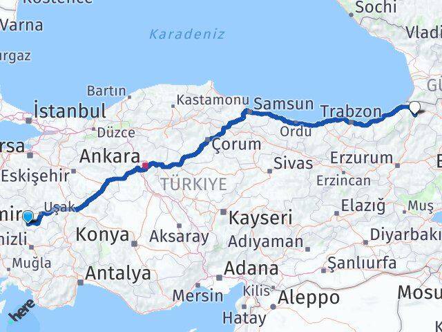 Uşak Eşme Artvin Arası Kaç Km - Yol Haritası