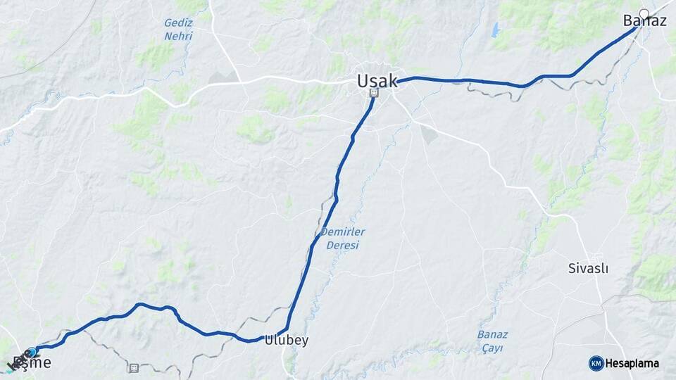 Uşak Eşme Banaz Arası Kaç Km - Yol Haritası