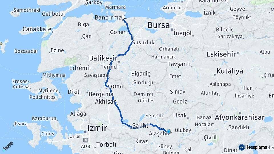 Uşak Eşme Bandırma Balıkesir Arası Kaç Km - Yol Haritası