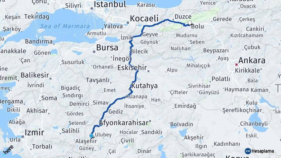 Uşak Eşme Bolu Arası Kaç Km - Yol Haritası