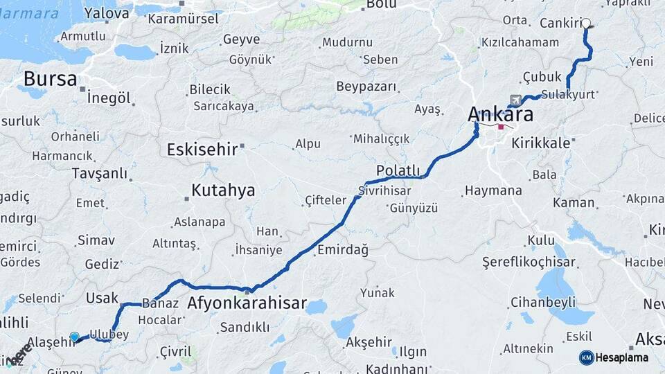 Uşak Eşme Çankırı Arası Kaç Km - Yol Haritası